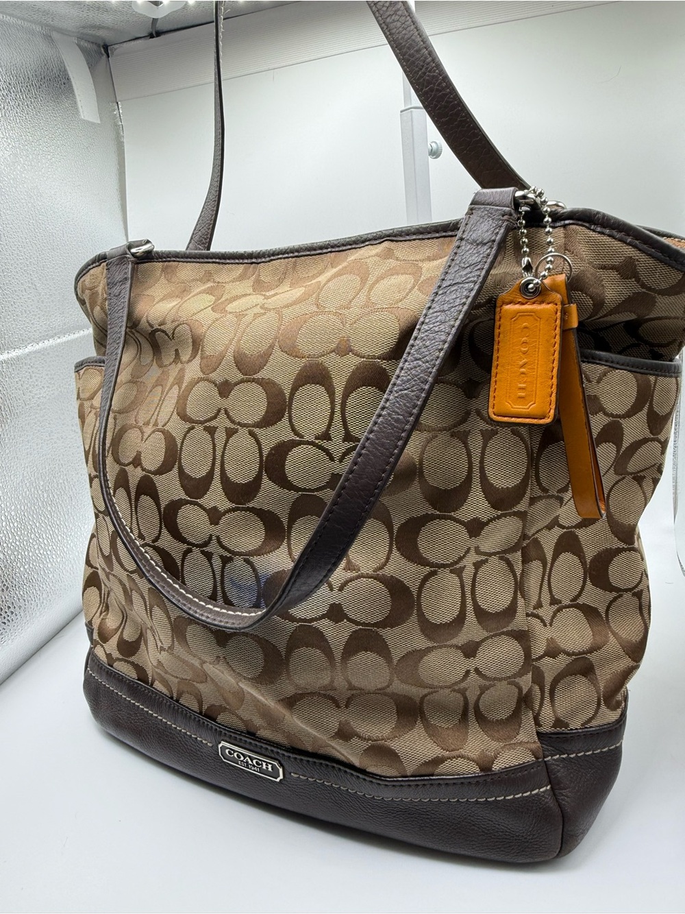 Coach F28295 Signature Jacquard Brown Khaki Large Tote Shoulder Bag Y2K